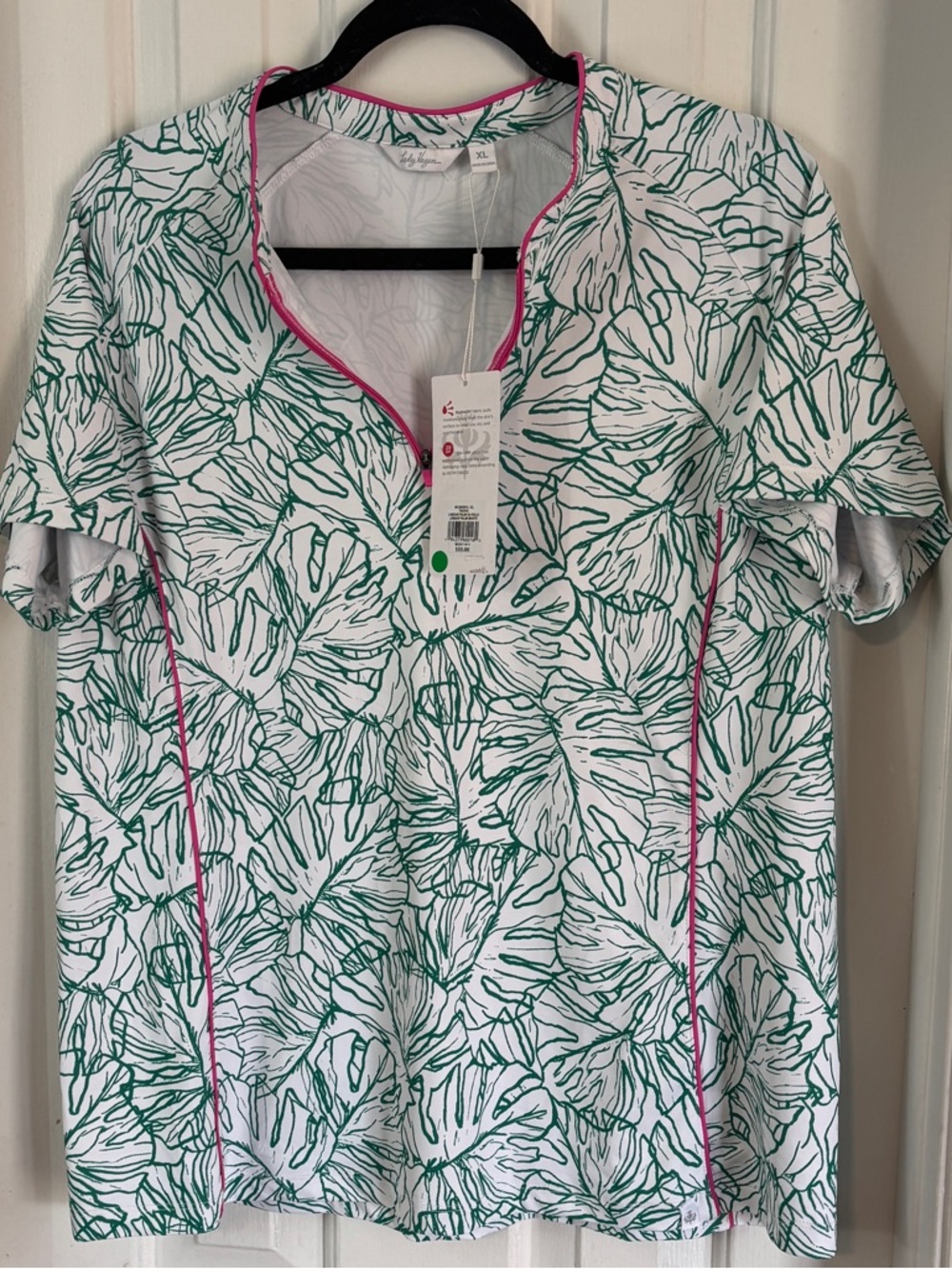 Lady Hagen Tropical Leaf Print V-Neck Top with Pink Trim